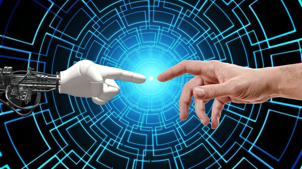 Imagem futurista que mostra a mão de um ser humano indo tocar a mão de um robô. Essa foto ilustra o impacto da inteligência artificial na sociedade.